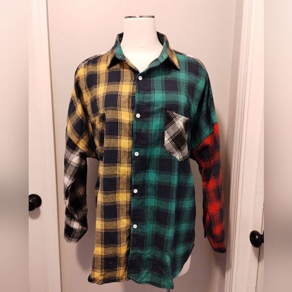Unisex Plaid Color Block Shirt - Picture 1 of 6